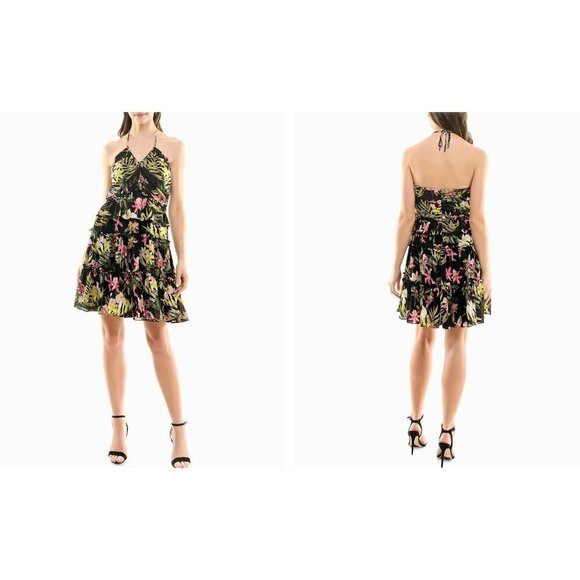 New Nicole Miller Size 8 PRESLEY CHIFFON TIERED HALTER DRESS Black Beauty - Picture 1 of 13